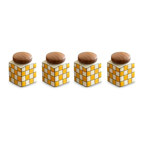 Image 4 of ExclusiveLane Shatranj Checkered Multi Utility Storage Ceramic Jars with Wooden Holder Set of 4 240 ml