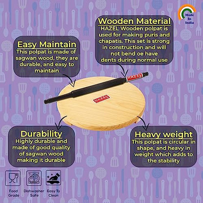 Image 3 of HAZEL Wood Polpat Chakla Roti Chapati Maker 21 cm with Sheesham Roti Roller Belan Rolling Pin 35 cm