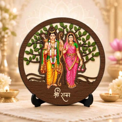 Image 2 of Ram Sita Round Wooden Devotional Idol with Stand for Puja Room, Home Decor & Religious Gift - 5x5 Inch
