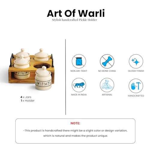 Image 6 of ExclusiveLane Art Of Warli Ceramic Pickle Jars with Wooden Holder Set of 4, 280 ml