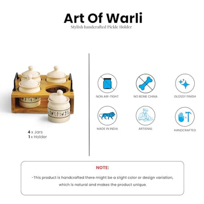 Image 6 of ExclusiveLane Art Of Warli Ceramic Pickle Jars with Wooden Holder Set of 4, 280 ml