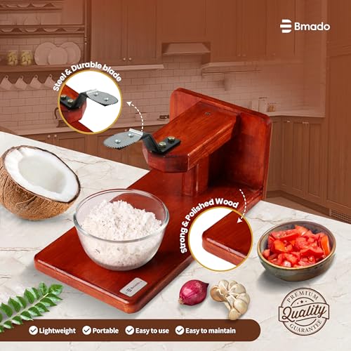 Image 4 of Bmado Traditional Polished Wooden Table-Top Manual Coconut Scraper â€“ Chirava Grater Thengai Thuruvi with Stainless Steel Blade, Comfortable to Use (Weight - 1100 Gram)