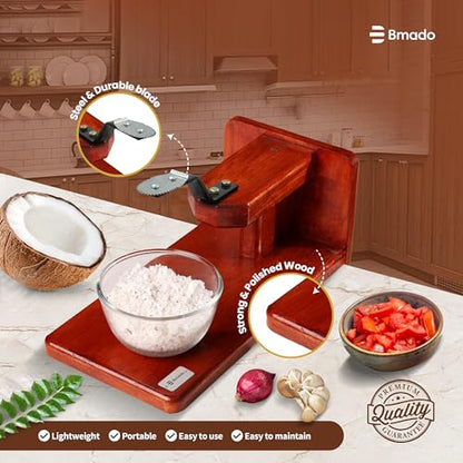 Image 4 of Bmado Traditional Polished Wooden Table-Top Manual Coconut Scraper â€“ Chirava Grater Thengai Thuruvi with Stainless Steel Blade, Comfortable to Use (Weight-1350 Gram)