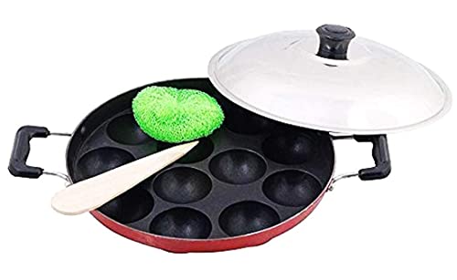 Image 6 of Generic Non Stick 12 Cavity Appam Patra with Lid Side Handle Paniyaram Pan Guntapongadalu Pan Appe Maker Litti Maker Multicolour