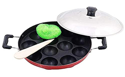 Image 6 of Generic Non Stick 12 Cavity Appam Patra with Lid Side Handle Paniyaram Pan Guntapongadalu Pan Appe Maker Litti Maker Multicolour