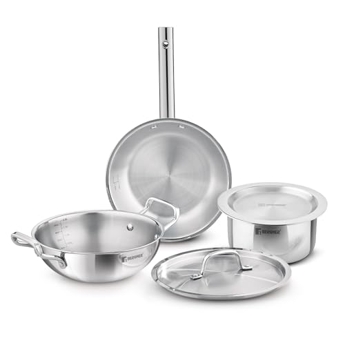 Image 2 of BERGNER Tripro Triply Stainless Steel Cook Serve N Keep 5 Pcs Cookware Set - 24cm (3L) Kadai with Lid, 22cm (1.5L) Frypan, 16cm (2L) Tope with Lid