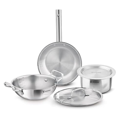 Image 2 of BERGNER Tripro Triply Stainless Steel Cook Serve N Keep 5 Pcs Cookware Set - 24cm (3L) Kadai with Lid, 22cm (1.5L) Frypan, 16cm (2L) Tope with Lid