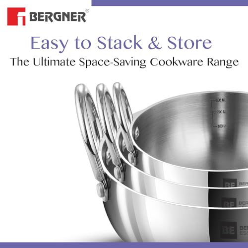 Image 5 of BERGNER BE Essentials Tri-Ply Stainless Steel Junior Kadai Set of 3 Pcs with Sizes 10 cm (500ml), 12cm (600ml), 14cm (800ml)