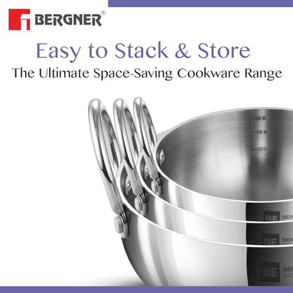 Image 5 of BERGNER BE Essentials Tri-Ply Stainless Steel Junior Kadai Set of 3 Pcs with Sizes 10 cm (500ml), 12cm (600ml), 14cm (800ml)