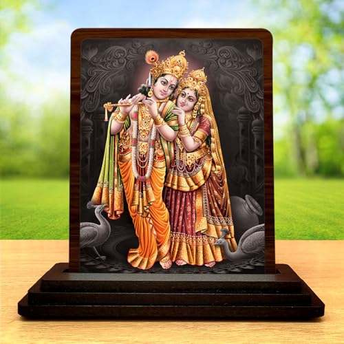 Image 2 of Radha Krishna Wooden Idol for Pooja Room 4x5 Inch HD Printed Serene Meditation Decor