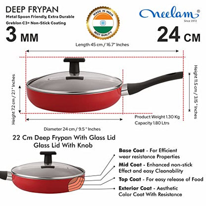 Image 2 of neelam Home Puff Non-Stick Deep Fry Pan with Glass Lid, 24 cm