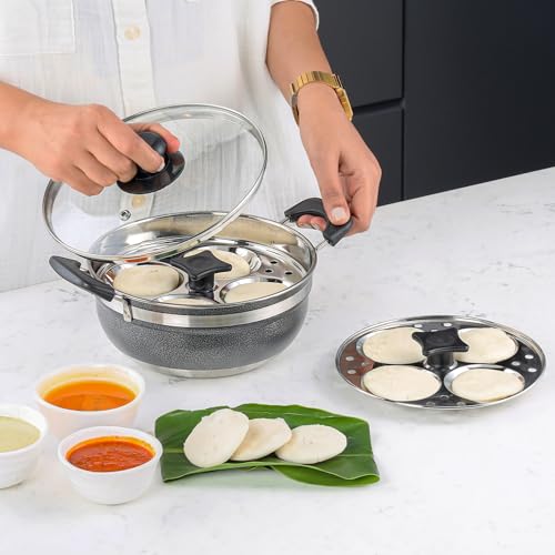 Image 2 of CELLO Magna Stainless Steel Idli Maker (2 Plates  1 Kadai) with Glass Lid For Kitchen | Riveted Sturdy Handle, Gas Stove & Induction Compatible, Tempered Glass Lid with Steam Vent, Easy to Cooking