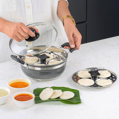 Image 2 of CELLO Magna Stainless Steel Idli Maker (2 Plates  1 Kadai) with Glass Lid For Kitchen | Riveted Sturdy Handle, Gas Stove & Induction Compatible, Tempered Glass Lid with Steam Vent, Easy to Cooking