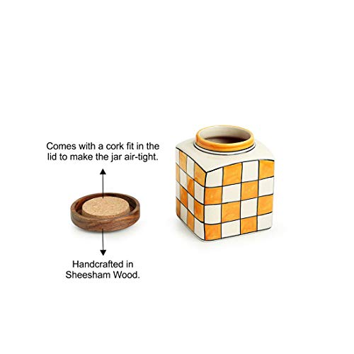 Image 5 of ExclusiveLane Shatranj Check Handpainted Multipurpose Storage Ceramic Jars & Containers with Wooden Lid Set of 2 240 ML