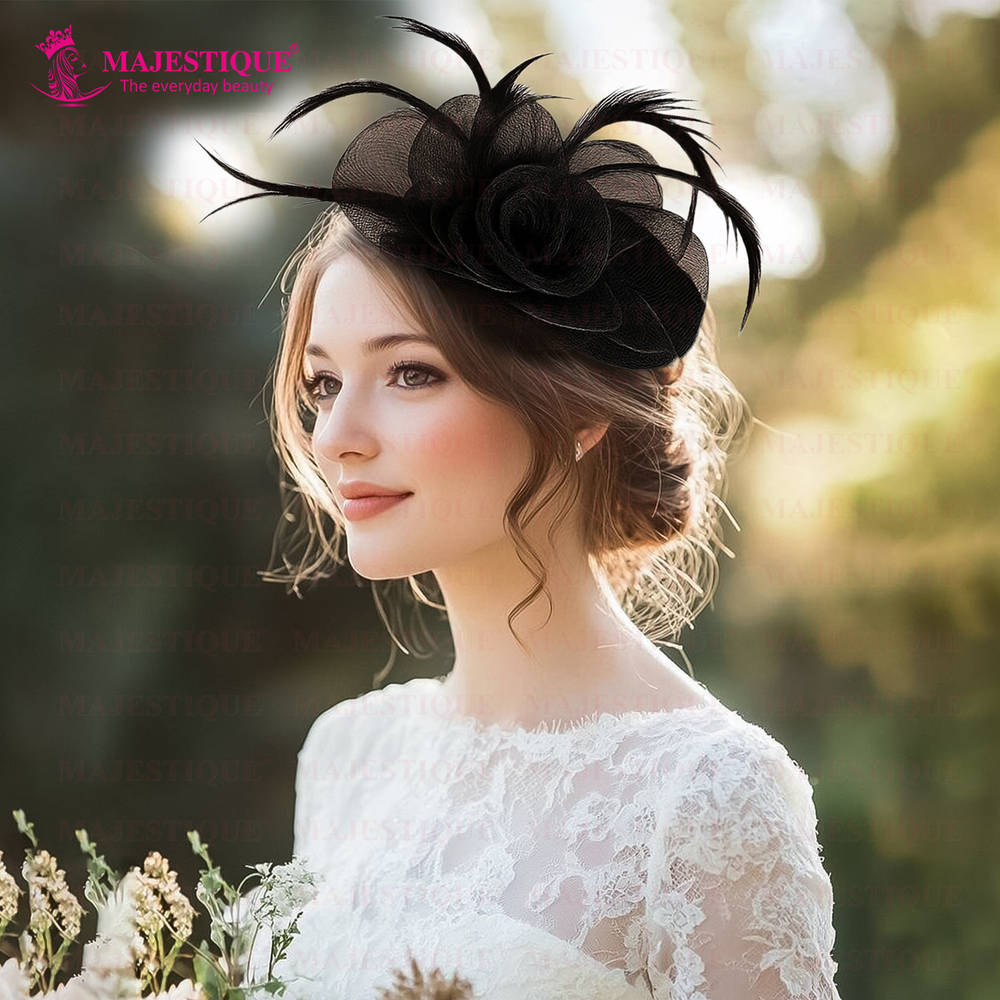 Image 5 of Majestique Elegant Fascinator Hat With Mesh Veil And Feather - Black