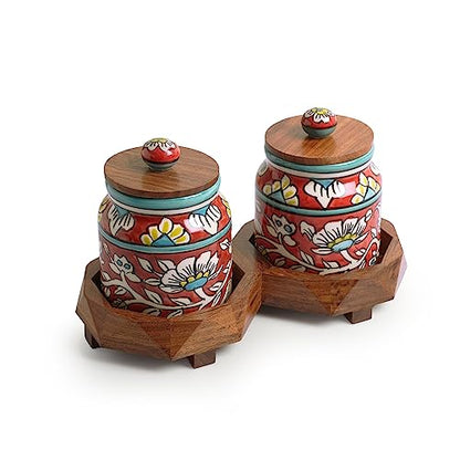 Image 5 of ExclusiveLane Mughal Floral Ceramic Containers with Lid & Tray Set of 2 440 ML