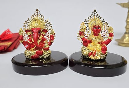 Image 1 of Default Title for the product Gold Art India Laxmi Ganesh Gold Plated Red Terracotta Idol Set (3.3" Inch)