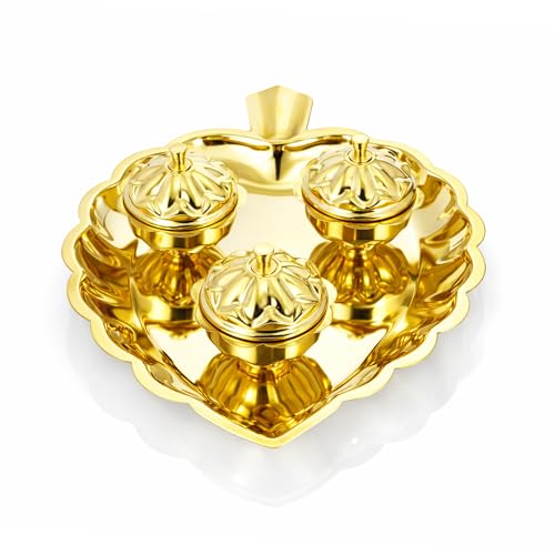 Image 4 of Spillbox Brass Leaf-Shape Puja Thali With 3 Attached Bowls - 3 Leaf Bowl - Small