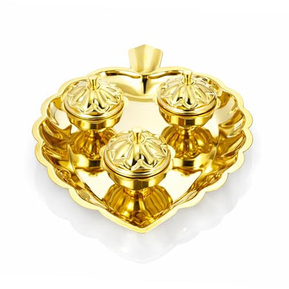 Image 4 of Spillbox Brass Leaf-Shape Puja Thali With 3 Attached Bowls - 3 Leaf Bowl - Small