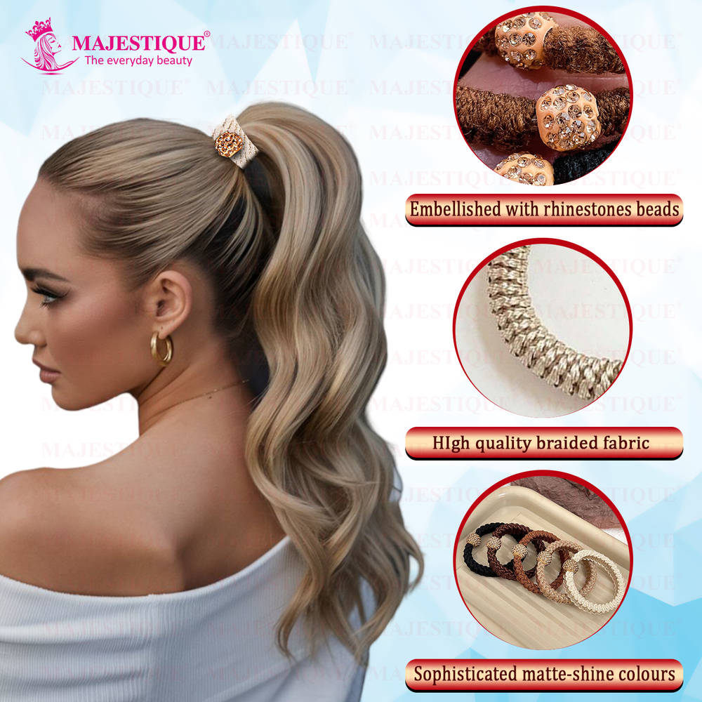 Image 3 of Majestique Thick Woven Hair Elastics With Glitter Beads - Multicolor