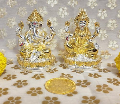 Image 5 of Gold Art India Kamal Laxmi Ganesh Gold Silver Plated Two Tone Idol for Home Decor with Gold Plated Coin Laxmi Ganesh Idol for Diwali Pooja Laxmi Ganesh Murti for Gift, Laxmi Ganesh Idol Set, (3" Inch)