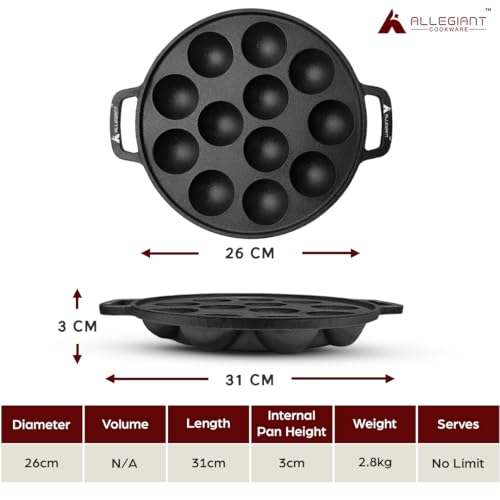 Image 4 of ALLEGIANT COOKWARE Kitchen Pre-Seasoned Cast Iron Appam Pan with 12 Cavity and Lid