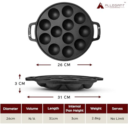 Image 4 of ALLEGIANT COOKWARE Kitchen Pre-Seasoned Cast Iron Appam Pan with 12 Cavity and Lid