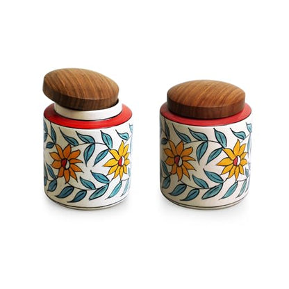 Image 2 of ExclusiveLane Persian Floral Multi Utility Storage Ceramic Jars with Wooden Lid Set of 2 600 ml