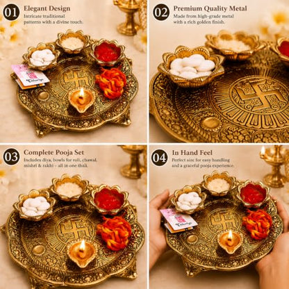 Image 7 of Chhariya Crafts Metal Pooja Thali With Diya (1 Pieces, Gold)