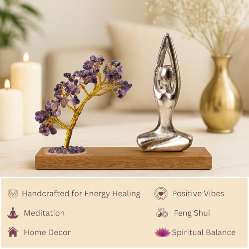 Image 4 of RITUALISTIC Amethyst Crystal Tree Yoga Meditation Figurine on Wooden Base-16×16×6 inch