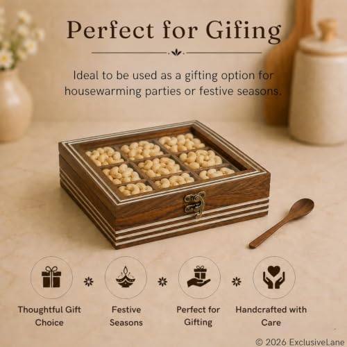 Image 5 of ExclusiveLane Sheesham Wooden Spice Box for Kitchen with Spoon (9 Non-Detachable Compartments, Each Compartments : 80 gram)