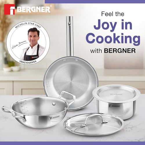 Image 3 of BERGNER Tripro Triply Stainless Steel Cook Serve N Keep 5 Pcs Cookware Set - 24cm (3L) Kadai with Lid, 22cm (1.5L) Frypan, 16cm (2L) Tope with Lid