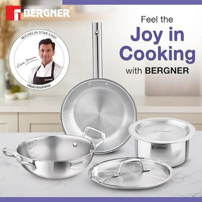 Image 3 of BERGNER Tripro Triply Stainless Steel Cook Serve N Keep 5 Pcs Cookware Set - 24cm (3L) Kadai with Lid, 22cm (1.5L) Frypan, 16cm (2L) Tope with Lid