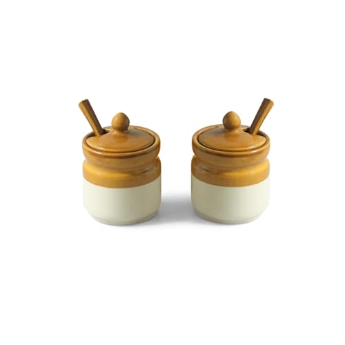 Image 4 of ExclusiveLane 'Barni Tales' Ceramic Pickle Jars for Dining Table With Spoon & Iron Holder (Set Of 2, Non-Airtight, 270 ml)| Pickle Jar With Spoon Achar Jar Set Achar Container Set for Dining Table|