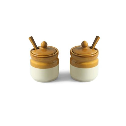 Image 4 of ExclusiveLane 'Barni Tales' Ceramic Pickle Jars for Dining Table With Spoon & Iron Holder (Set Of 2, Non-Airtight, 270 ml)| Pickle Jar With Spoon Achar Jar Set Achar Container Set for Dining Table|