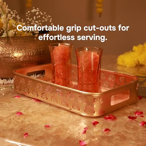 Image 5 of ALCU Serving Tray with Lotus Design, Iron Decorative Gold Finish Metal Tray (Rectangular Lotus Tray)