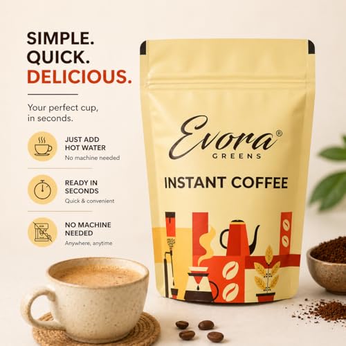Image 3 of Evora Greens Classic Instant Coffee | Arabica & Robusta Blend | Strong Aroma & Smooth Taste | Hot, Cold & Black Coffee | Makes ~50 Cups | 500g Glass Jar