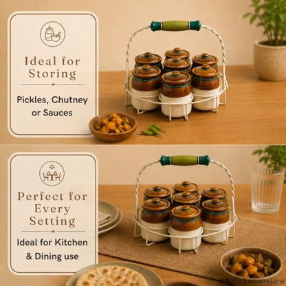 Image 3 of ExclusiveLane Old Martaban Ceramic Pickle Jars with Holder Set of 7, 120 gram, 8.9 cm Mini Jars