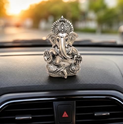 Image 5 of Gold Art India Ganesha Idol for Car Dashboard & Kamdhenu Idol for Vastu Decor (Silver, Oval)