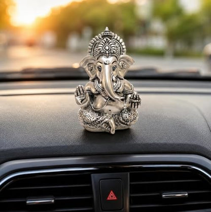 Image 5 of Gold Art India Ganesha Idol for Car Dashboard & Kamdhenu Idol for Vastu Decor (Silver, Oval)