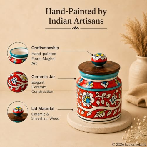 Image 3 of ExclusiveLane Mughal Floral Airtight Ceramic Jars for Kitchen Storage Set of 2 5.2 Inch 410 ML