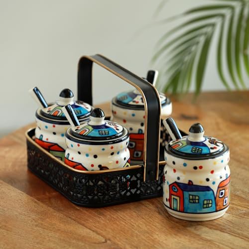 Image 3 of ExclusiveLane The Hut Multi-Purpose Ceramic Pickle Jars with Iron Holder Set of 4 220 gram Each