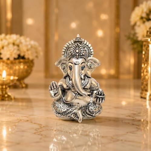 Image 7 of Gold Art India Ganesha Idol for Car Dashboard & Kamdhenu Idol for Vastu Decor (Silver, Oval)
