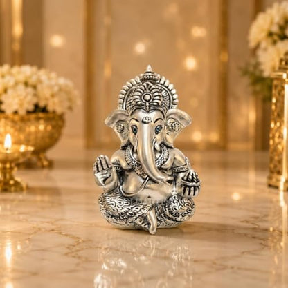 Image 7 of Gold Art India Ganesha Idol for Car Dashboard & Kamdhenu Idol for Vastu Decor (Silver, Oval)