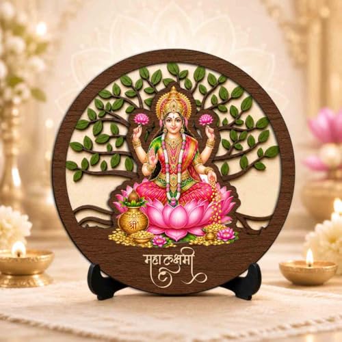 Image 2 of Lakshmi Ji Wooden Murti for Home Mandir, Prayer Room, Table Top Decor & Spiritual Gifting - 5x5 Inch