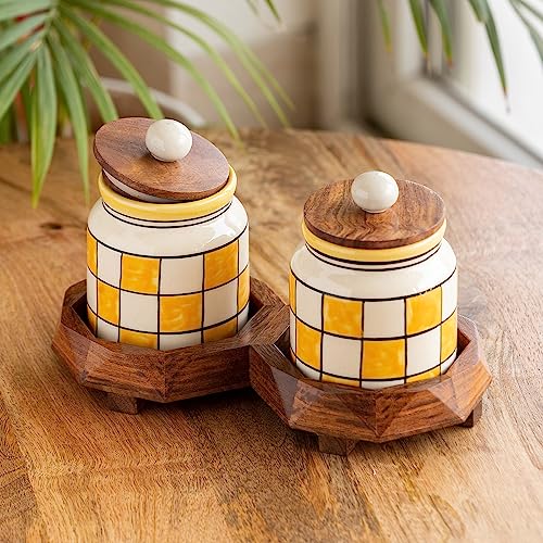 Image 1 of Default Title for the product ExclusiveLane Shatranj Checkered Ceramic Containers with Lid & Tray Set of 2 440 ML