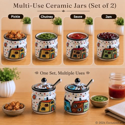 Image 4 of ExclusiveLane Hut Handpainted Ceramic Pickle Jars with Spoon & Lid Set