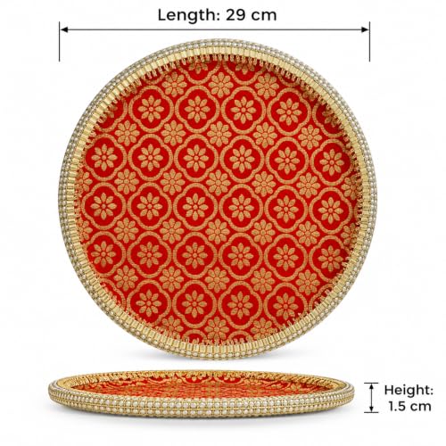 Image 4 of Pure Source India Traditional Banarasi Floral Brocade Design Karwa Chauth Pooja Thali Set with Channi, Karwa Lota