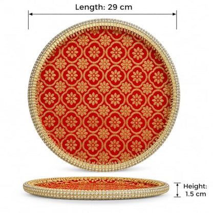 Image 4 of Pure Source India Traditional Banarasi Floral Brocade Design Karwa Chauth Pooja Thali Set with Channi, Karwa Lota