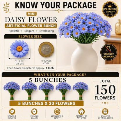 Image 3 of Divyakosh Artificial Daisy Flowers Bunch for Home Decor, Pack of 5 with 150 Blue Flowers, Faux Floral Arrangement for Vase, Living Room, Wedding, Festive & Party Decoration